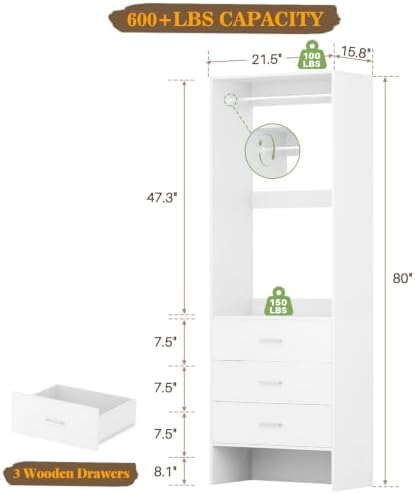 Aheaplus 1.8FT Closet System with Drawers, 21.5’’ Closet Organizer, White