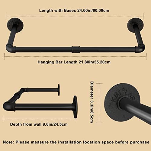 Wall Mounted Clothes Rack 24in, Industrial Pipe Wall Mount Clothing Rack, Hea...