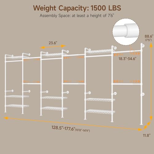H6 Wall Mounted Closet System, Industrial Pipe Clothes Rack Clothing Racks wi...