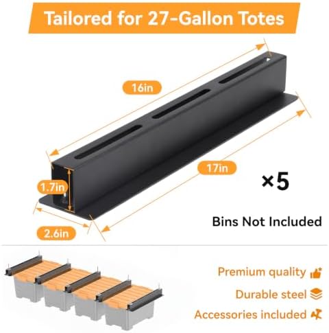 Garage Ceiling Storage Racks for 4 Bins, 17" Heavy Duty Steel Rails, Ove...