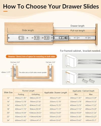 Gobrico Drawer Slides 20 inch 2 Pair๏ผSoft Close Drawer Slides 3 Fold, Hardwar...