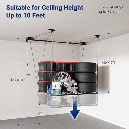 FLEXIMOUNTS Garage Ceiling Lifting Storage Rack, 4x4 Ft Heavy-Duty Metal Fram...
