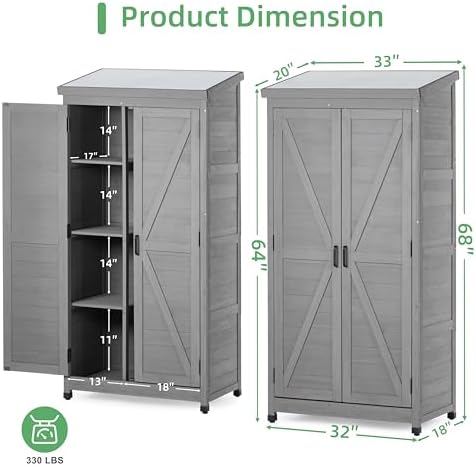 68'' Outdoor Storage Cabinet, Wooden Garden Tool Cabinet with Metal Top