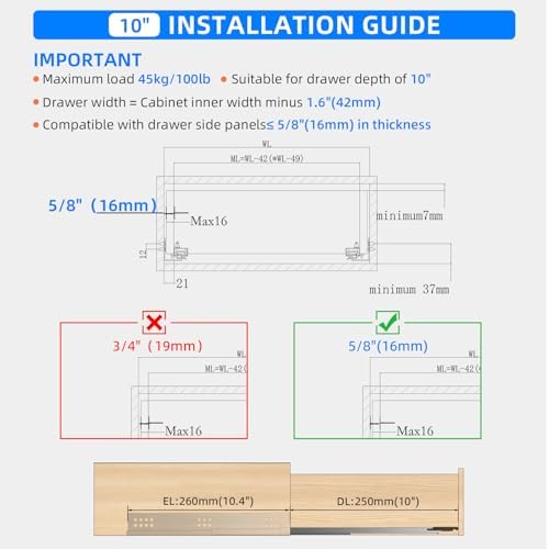10 Inch Soft Close Undermount Drawer Slides for Frameless, 100lb,1 Pair