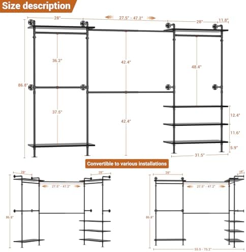 Aheaplus Industrial Pipe Clothing Rack, Expandable Garment Rack, Closet Syste...