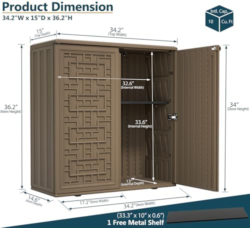 HOMSPARK Indoor/Outdoor Storage Cabinet with Doors and Shelf, 34”x16”x36” HDP...