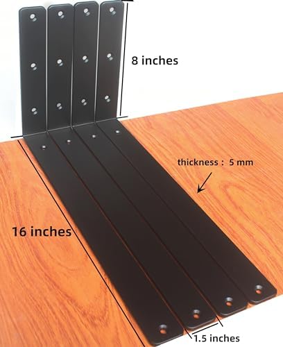 6 Pack - L 16" x H 8" x W1.5, 5mm Thick Black L Shelf Bracket, Iron...