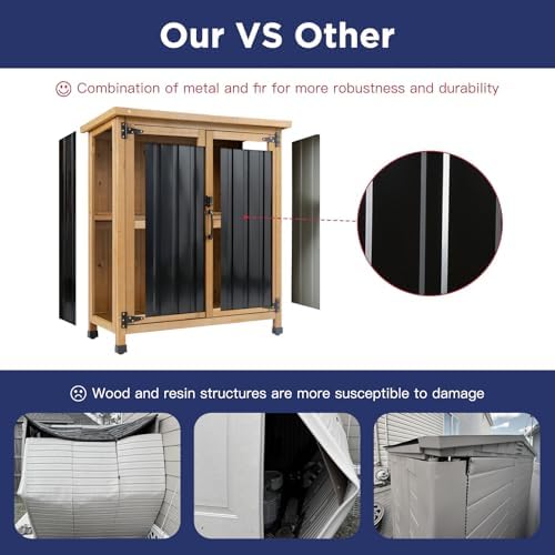 Wood & Metal Outdoor Storage Cabinet with Waterproof Roof, Garden Tool Sh...