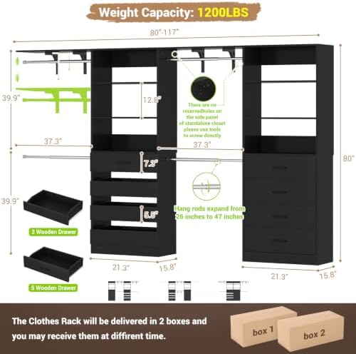Aheaplus Closet System, Wood Closet Organizer System with 8 Drawers &4 Rods