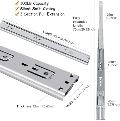 16 inch Soft Close Drawer Slides 4 Pairs Ball Bearing Full Extension Cabinet ...