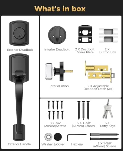 Black Front Door Handle and Deadbolt Set with Crystal Door knob