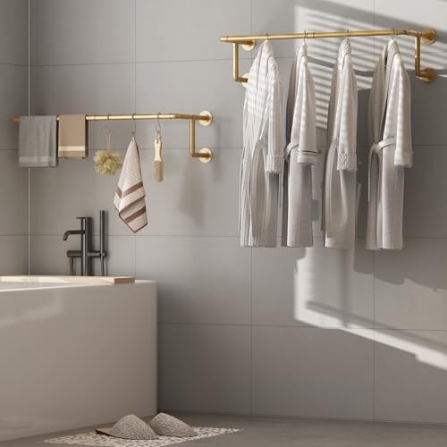 Industrial Pipe Clothing Racks 2 Pack, 36.2In Wall Mounted Clothes Rack, Gold...