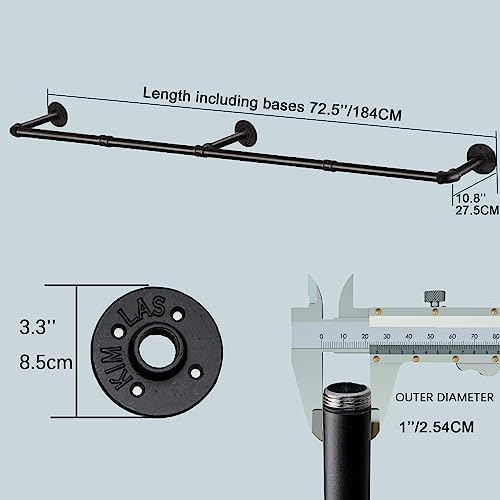 Industrial Pipe Clothes Rack with 3 S-shaped Hooks, 72โ'L Wall Mounted Ga...