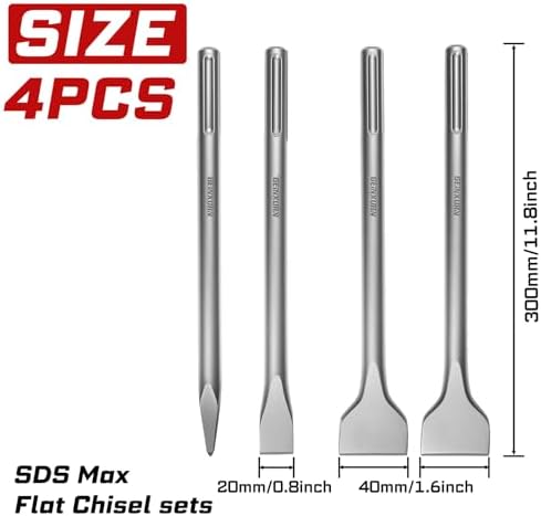 GEINXURN SDS MAX Chisels, 4PCS 12-Inch Long Masonry Chisel Bit Set, 40Cr Stee...