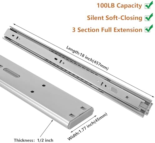 LONTAN 6 Pairs 18 Inch Soft Close Drawer Slides Heavy Duty 100lb Capacity