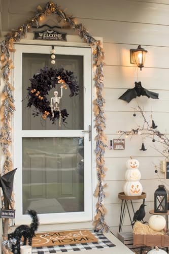 20" Pre-lit Halloween Black Moon Wreath with Poseable Skeleton, Handmade...