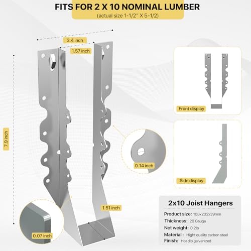 20 pcs 2x10 Joist Hanger,LU210 18 Gauge Double Shear Face Mount Joist Hanger,...
