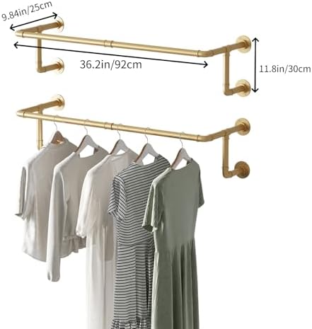 Industrial Pipe Clothing Racks 2 Pack, 36.2In Wall Mounted Clothes Rack, Gold...