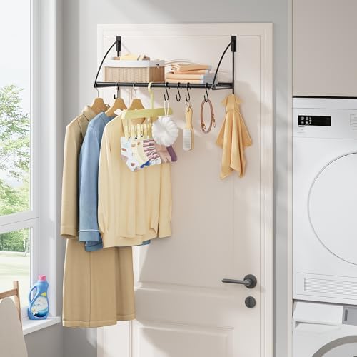 Tajsoon 24.2" Over the Door Hooks with Storage Rack, Over Door Hanger Black
