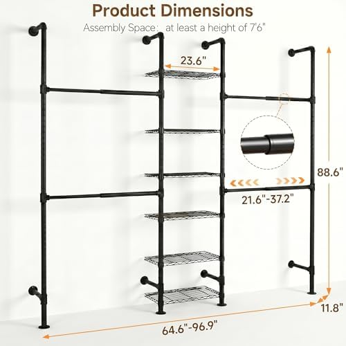 F3 Wall Mounted Closet System, Industrial Pipe Clothing Rack for Hanging Clot...