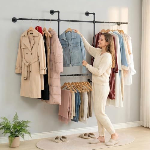 Industrial Pipe Clothing Rack, Hanging Garment Rack, Wall Mounted Pipe Clothe...