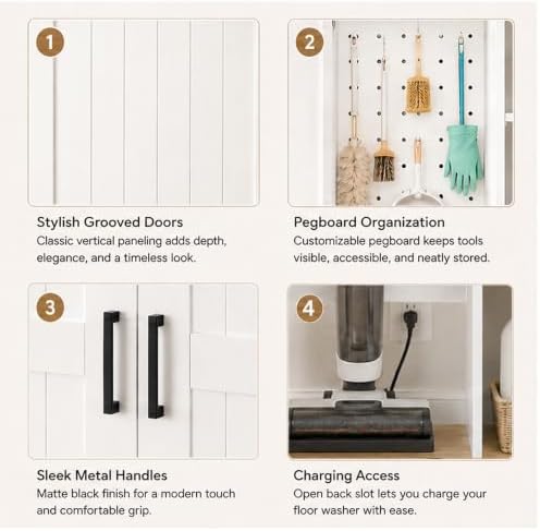 68.9" Wooden Broom Closet Storage Cabinet with Perforated Wood Panel and...