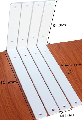 12 Pack - L 12" x H 8" x W1.5, 5mm Thick White L Shelf Bracket, Iro...