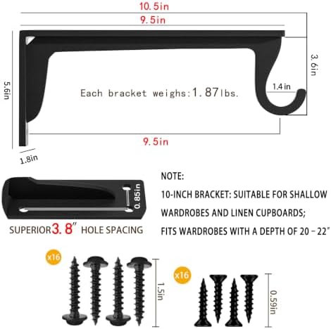 Closet Rod Bracket Heavy Duty,10x5.6in Closet Shelf Brackets Support 400LBS