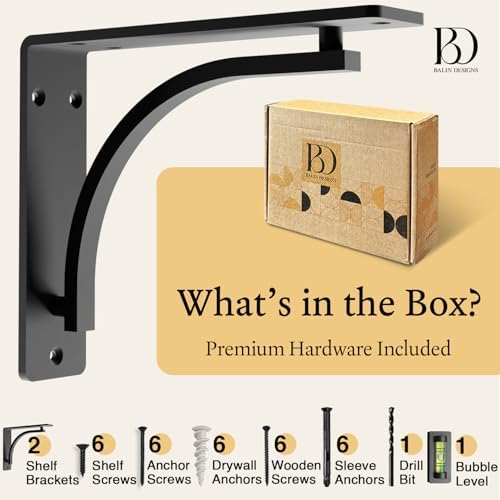Classic Black Heavy Duty Shelf Brackets 10 inch by Balin Designs– L Bracket, ...