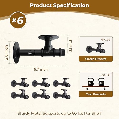 Industrial T Pipe Shelf Brackets for 6-12 in Depth Wood,6.7In 6 Pack