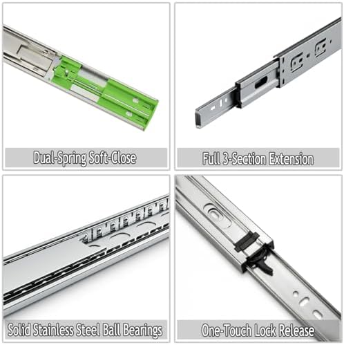Soft Close 22" Drawer Slides, Full Extension Side Mount, 10 Pairs