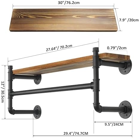 WEBI Wall Mounted Clothes Rack with Shelf,30" Industrial Pipe Clothing R...