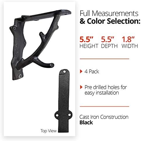 NACH Decorative Shelf Brackets, 4 Pack of 5.5 x 1.8 x 5.5 inch, Black Cast Ir...