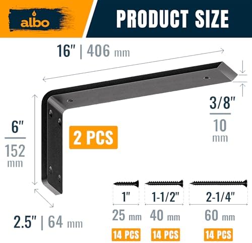 ALBO 16 Inch Countertop Brackets, 2 Pack Heavy Duty Steel L Brackets, Black