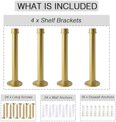 OVOV Gold Industrial Pipe Shelf Brackets Heavy Duty 12 Inch 4 Pack