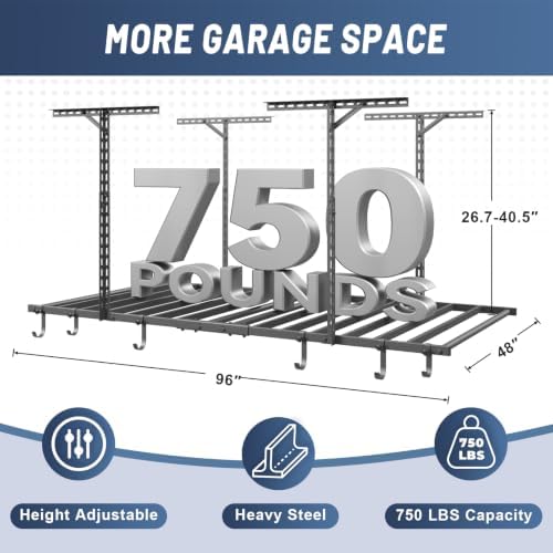 Jusgym 4x8FT Overhead Garage Ceiling Storage Rack with 6 Hooks