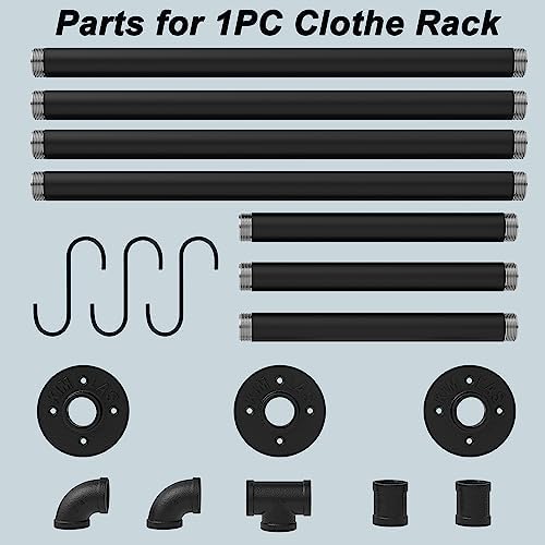 Industrial Pipe Clothes Rack with 3 S-shaped Hooks, 72โ'L Wall Mounted Ga...
