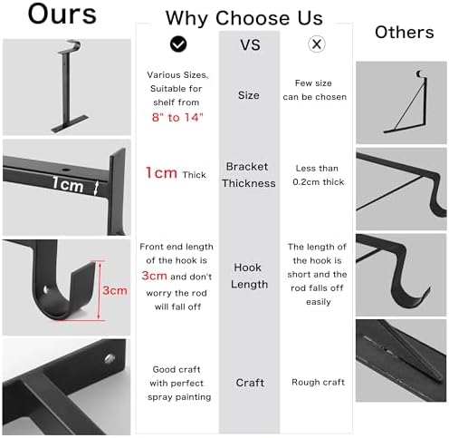 EZYDECOR Closet Rod Bracket Shelf Brackets with Hook Black 10 Inch 6 Pack