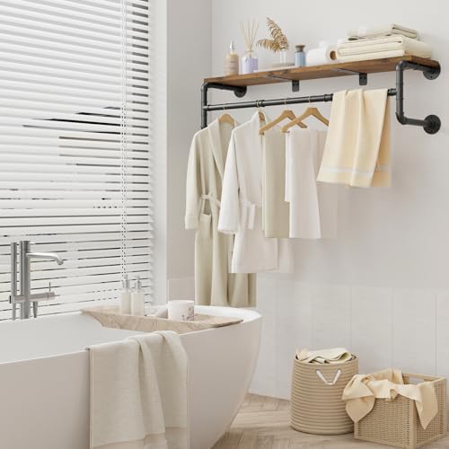 Yawinhe Industrial Pipe Clothing Rack with Shelves,Closet Rod,Rustic Brown