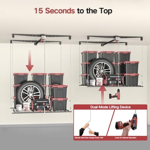 Overhead Garage Storage Rack for 12โ14 FT Ceiling, Heavy-duty 4x4 FT Ceiling ...