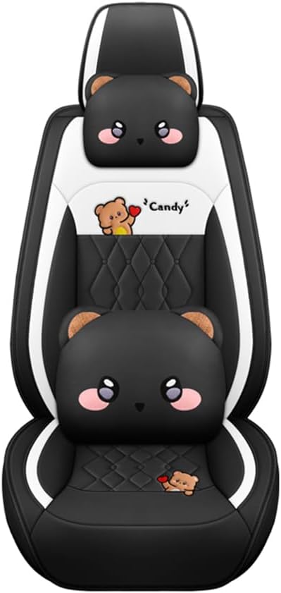 Cute Black Bear Car Seat Covers Full Set for Girls Women, PU Leather Automoti...