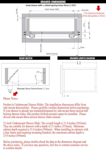 OCG Soft Close Undermount Drawer Slides 21 inch (6 Pairs), Full Extension Con...