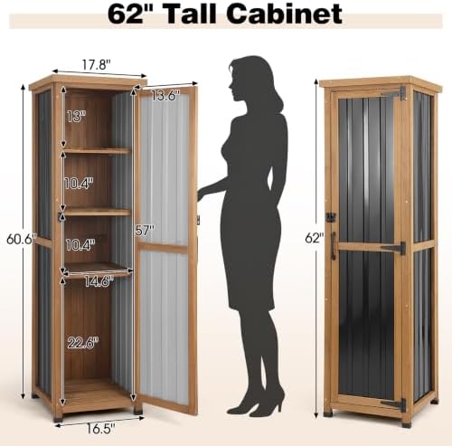 62" H Tall Narrow Outdoor Storage Cabinet with Metal Top, Outdoor Shed S...
