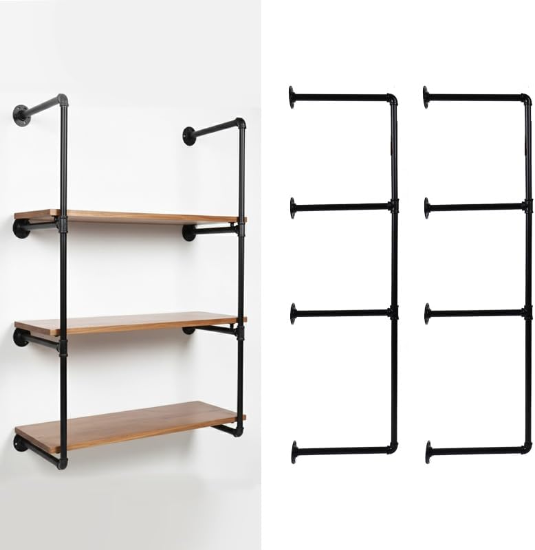 4-Tier Industrial Pipe Shelving Bracket System, Black Iron Wall Mount, DIY Ru...