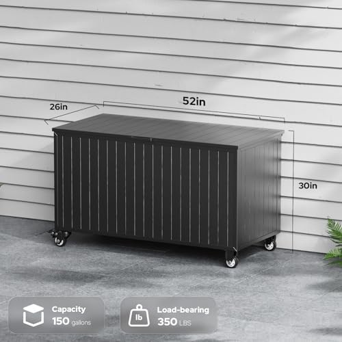 150 Gallon Outdoor Storage Box with Wheels, Metal Deck Boxes,Black