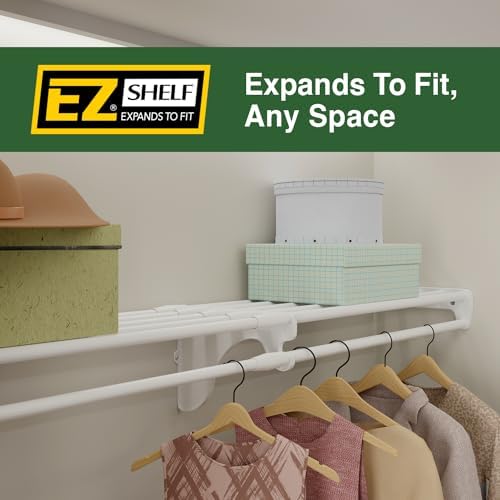 EZ Shelf - Closet Shelf with Hanging Rod - 64.3-119โ Expandable, White, Close...