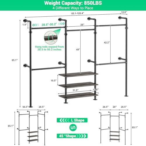 Aheaplus Expandable Industrial Pipe Clothing Rack, 7.3-10.9Ft Closet System
