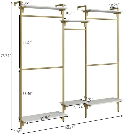 White/Gold Wall Mount Clothes Rack with 5 Hanging Rods, 6 Storage Shelves