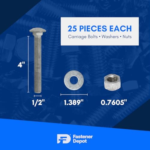 1/2"-13 x 4 (25 Sets) Hot Dipped Galvanized Carriage Bolt Kit for Exteri...