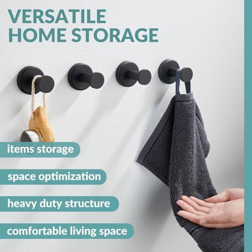 APLusee Matte Black Towel Hooks for Bathroom Storage, 4 Pack, Wall Mounted